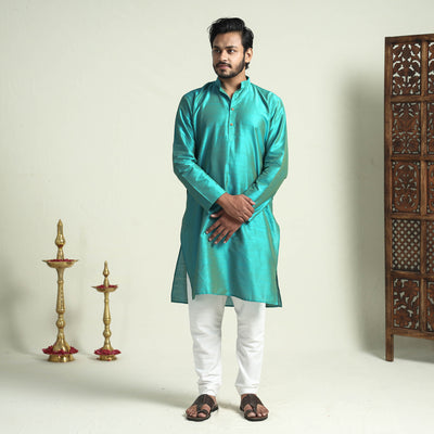 Aqua - Blue Plain Dyed Slub Silk Men Long Kurta