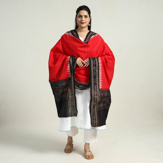 Red - Sambalpuri Ikat Weave Handloom Plain Cotton Dupatta 21