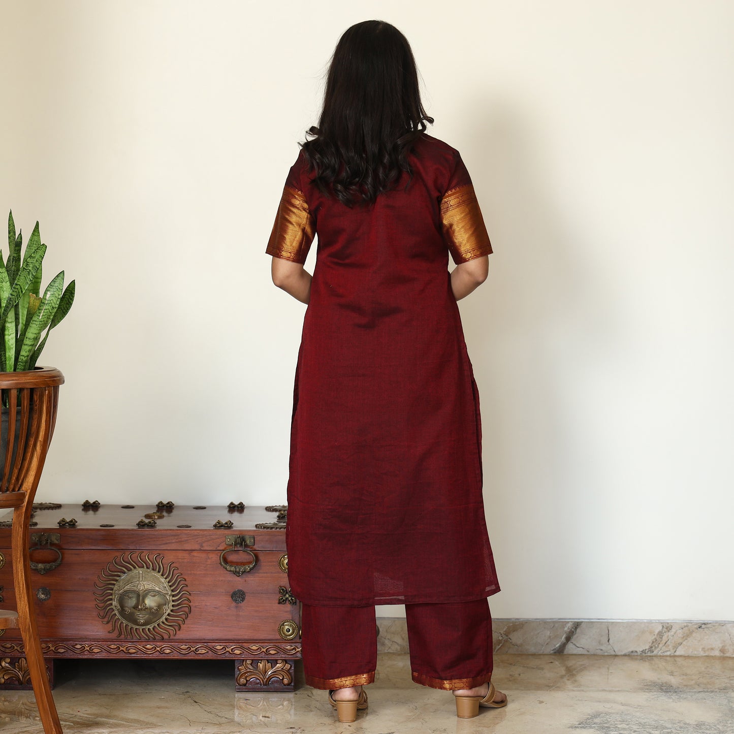Maroon - Dharwad Cotton Kurta with Palazzo & Dupatta Set 22