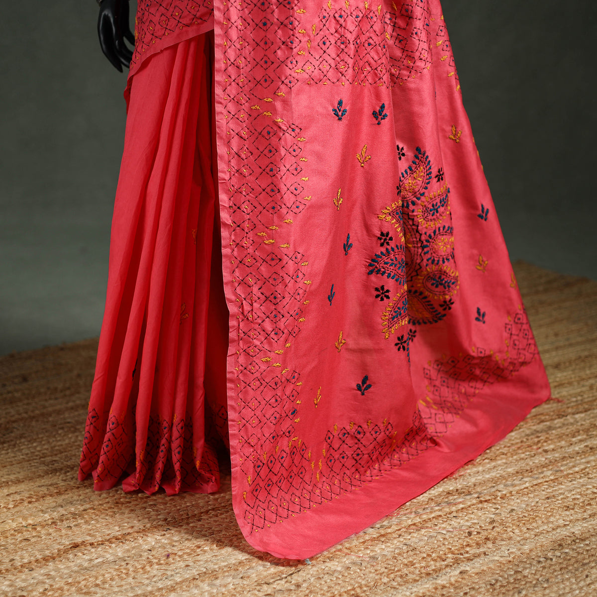 Red - Bengal Nakshi Kantha Hand Embroidered Silk Saree 47