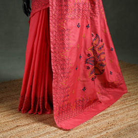 Red - Bengal Nakshi Kantha Hand Embroidered Silk Saree 47