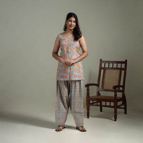 Sanganeri Hand Block Print Cotton Short Kurta with Farshi Salwar Set for women 06