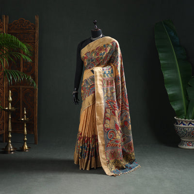 Pure Handloom Desi Tussar Silk Handpainted Srikalahasti Pen Kalamkari Saree with Zari Border 02
