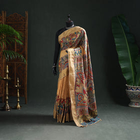 Pure Handloom Desi Tussar Silk Handpainted Srikalahasti Pen Kalamkari Saree with Zari Border 02