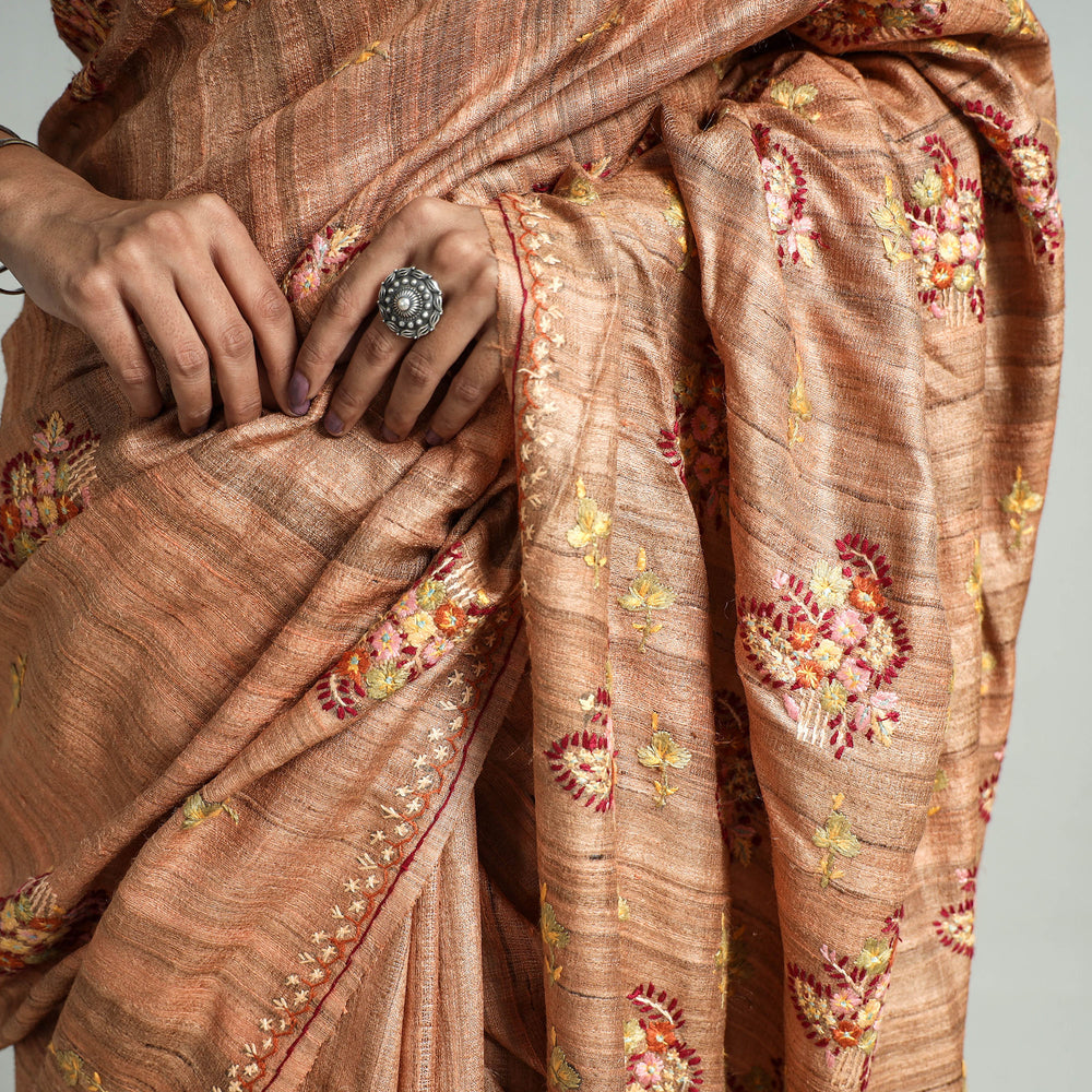 Brown - Kashidakari Hand Embroidery Pure Tussar Silk Saree 08