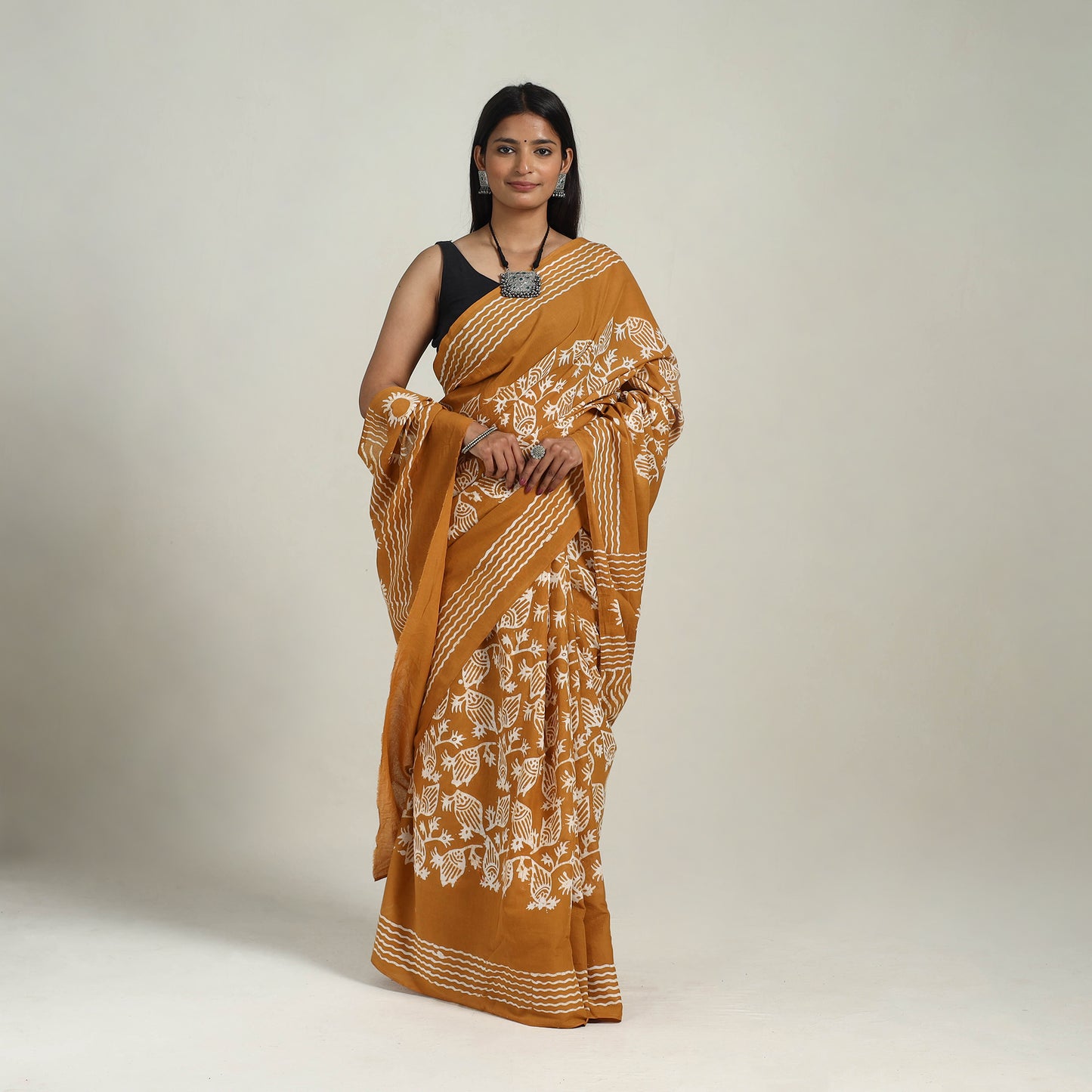 Buy Cotton Orange Hand Batik Print Saree online