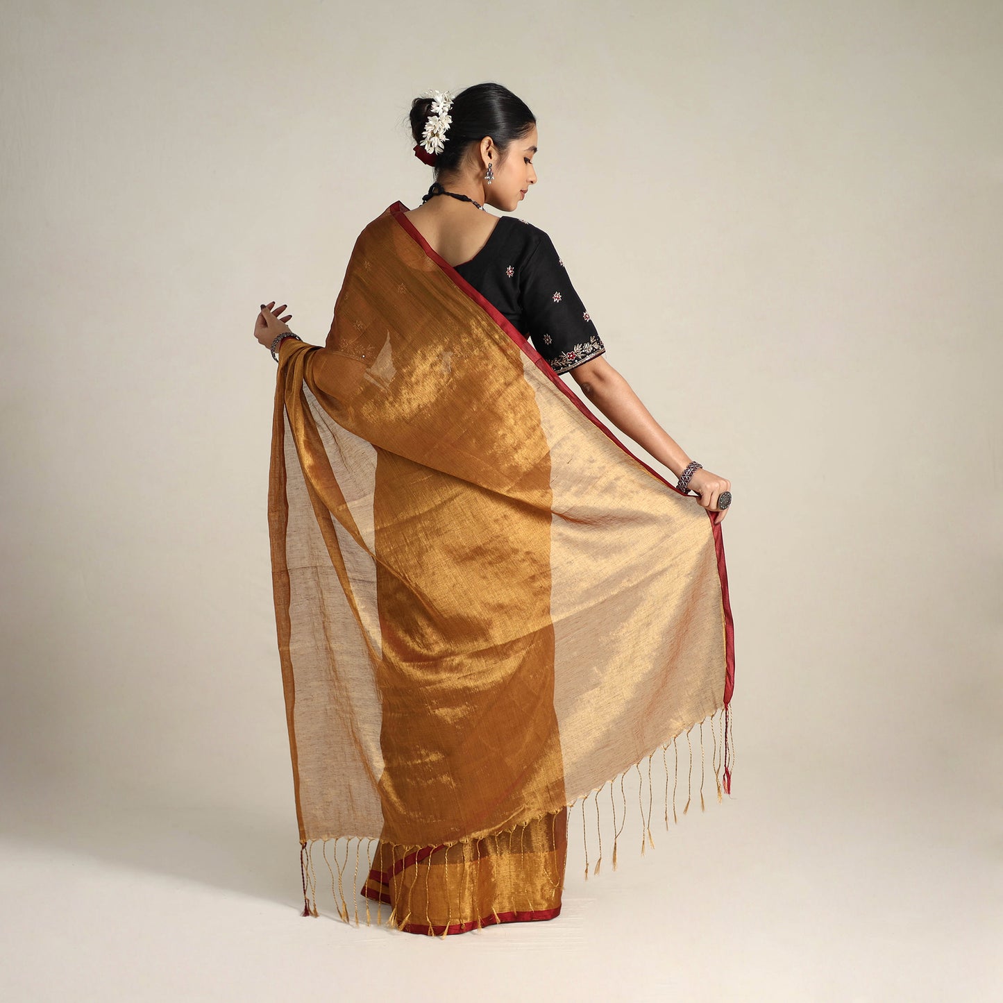 Brown - Mul Tissue Zari Bengal Saree with Embroidered Blouse 09