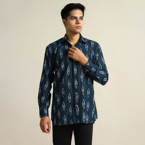 Blue - Pochampally Ikat Weave Cotton Men Full Sleeve Shirt 23