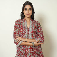 Red - Bagh Block Printed Cotton Kurta with Palazzo & Dupatta Set 08