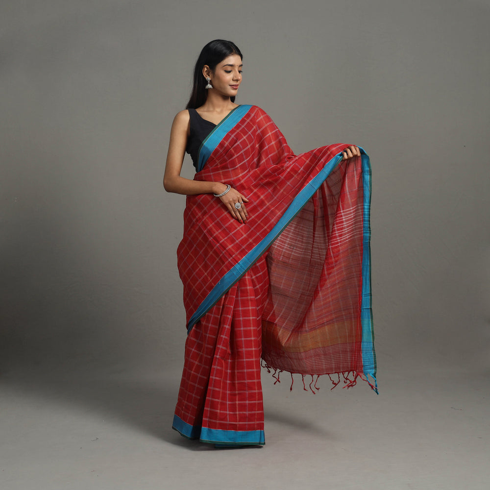 Red - Checks Cotton Handloom Saree 01