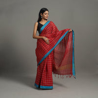 Red - Checks Cotton Handloom Saree 01