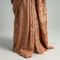 Brown - Kashidakari Hand Embroidery Pure Tussar Silk Saree 08