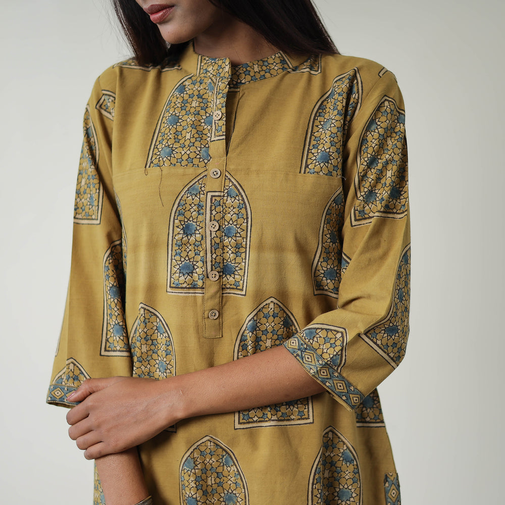 Yellow - Block Printed Cotton Straight Ajrakh Kurta 05