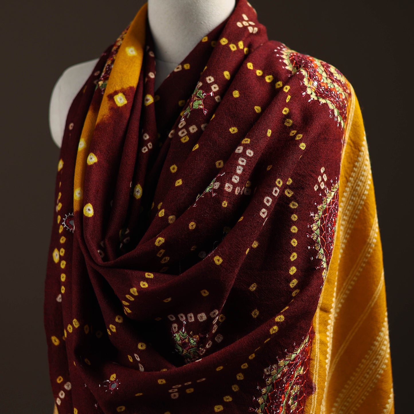 Kutch Bandhani Handwoven Neran Hand Embroidery Merino Wool Shawl 55