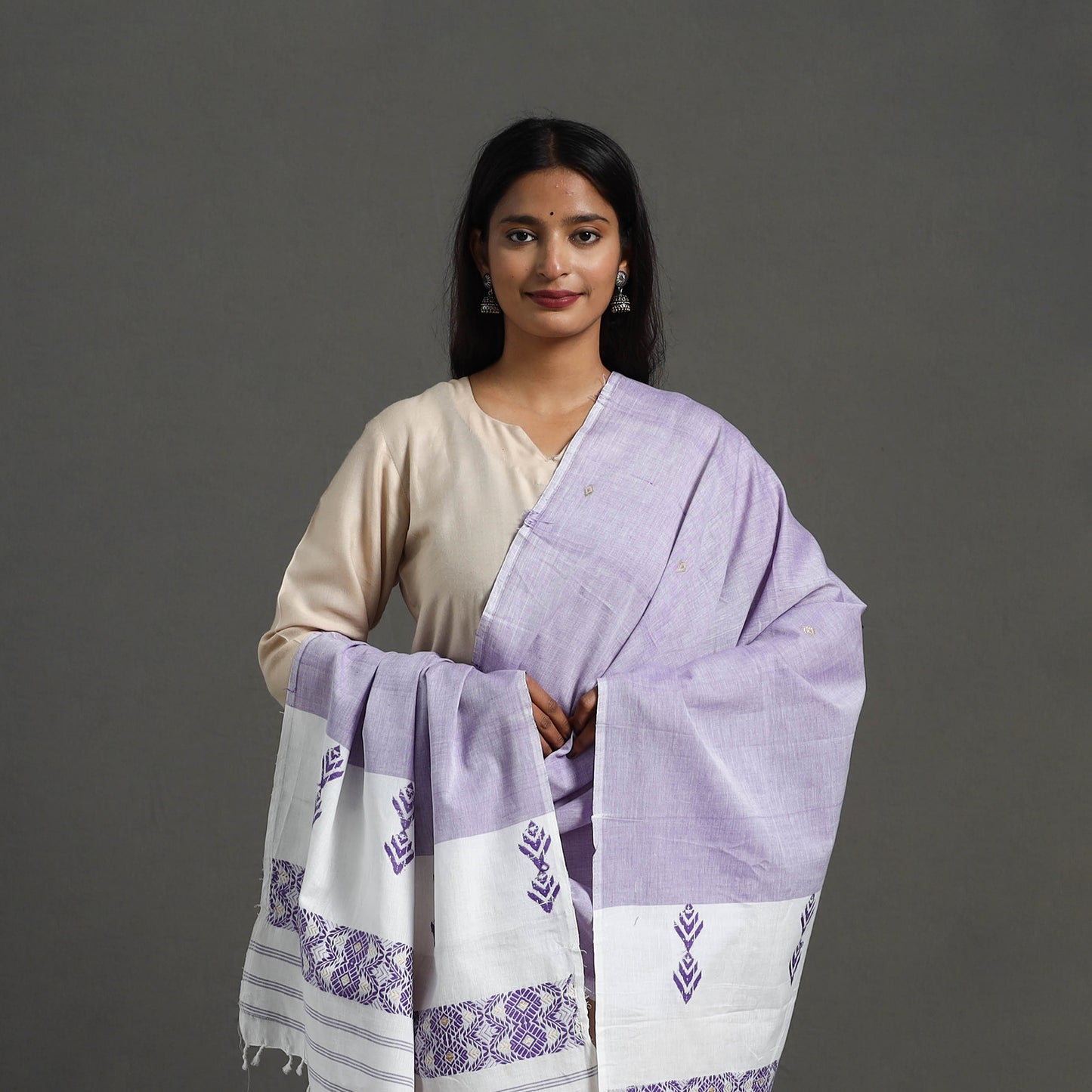 Purple -  Assam Weave Thread Buti Cotton Handloom Dupatta 10