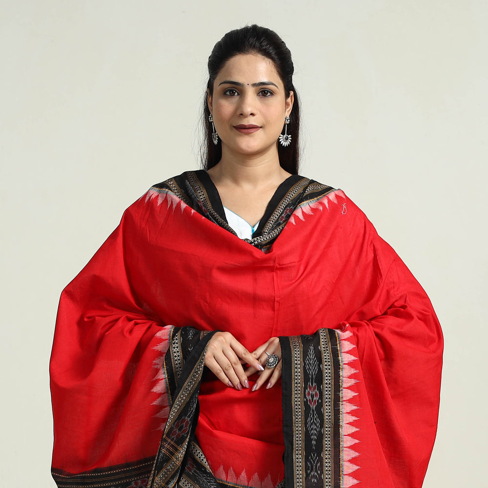 Red - Sambalpuri Ikat Weave Handloom Plain Cotton Dupatta 21