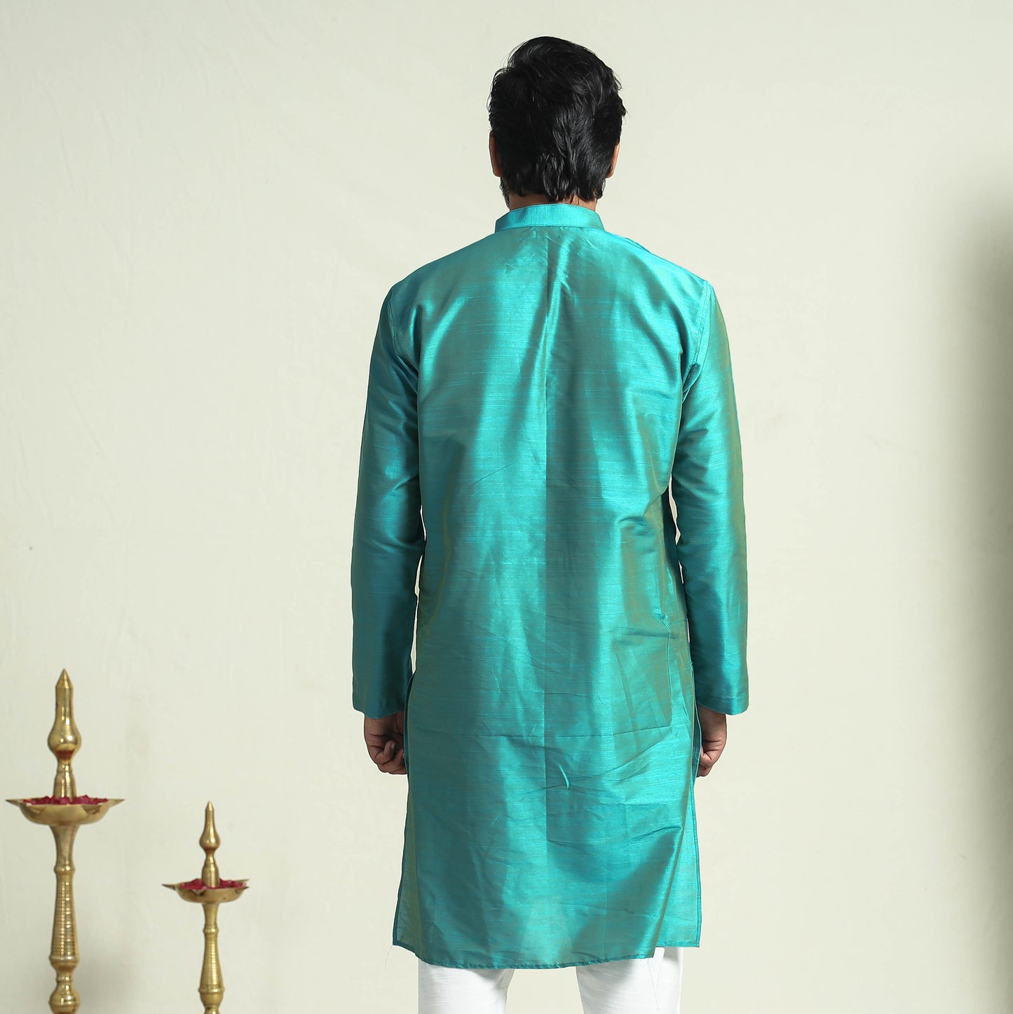 Aqua - Blue Plain Dyed Slub Silk Men Long Kurta