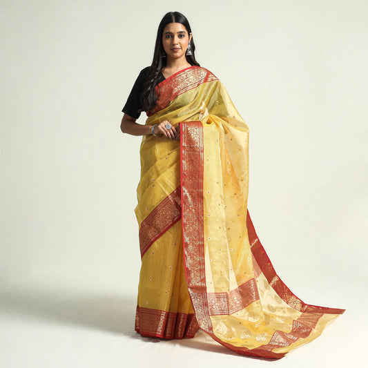 Yellow - Traditional Chanderi Katan Silk Tissue Zari Weave Handloom Saree with Nakshi Border & Buta