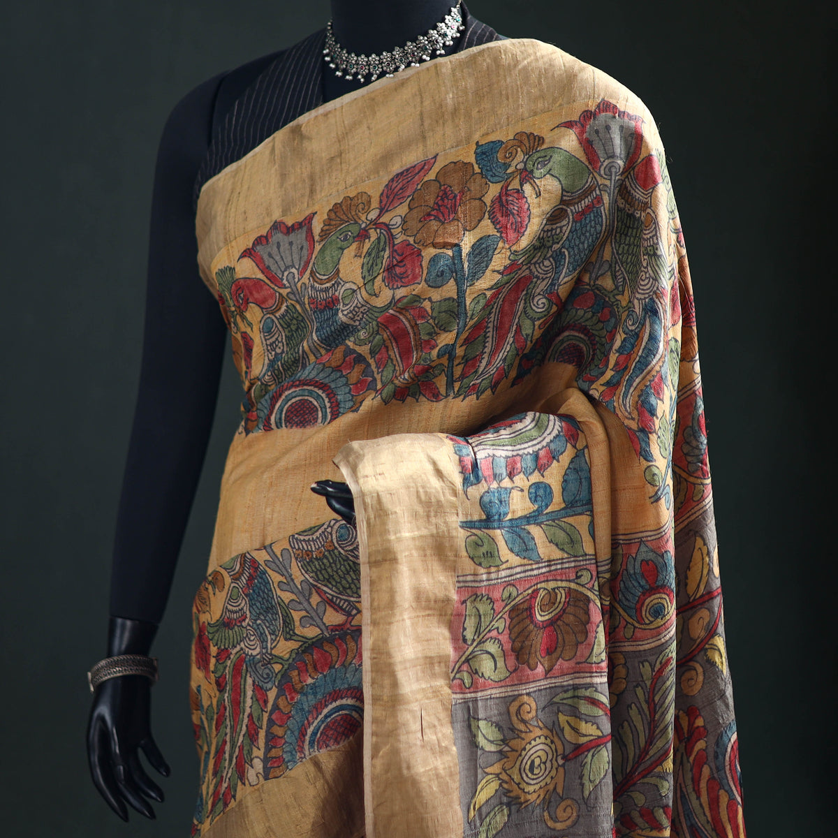 Pure Handloom Desi Tussar Silk Handpainted Srikalahasti Pen Kalamkari Saree with Zari Border 02