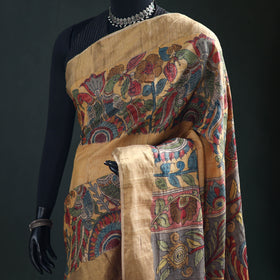 Pure Handloom Desi Tussar Silk Handpainted Srikalahasti Pen Kalamkari Saree with Zari Border 02