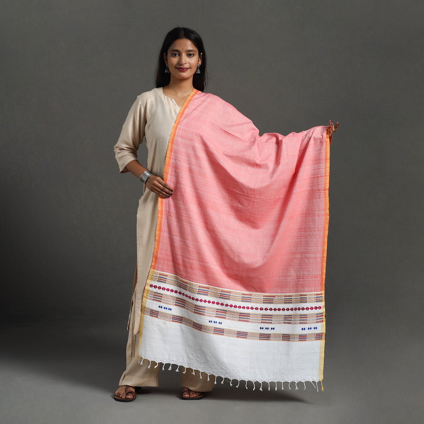 Pink - Assam Weave Thread Buti Cotton Handloom Dupatta 11