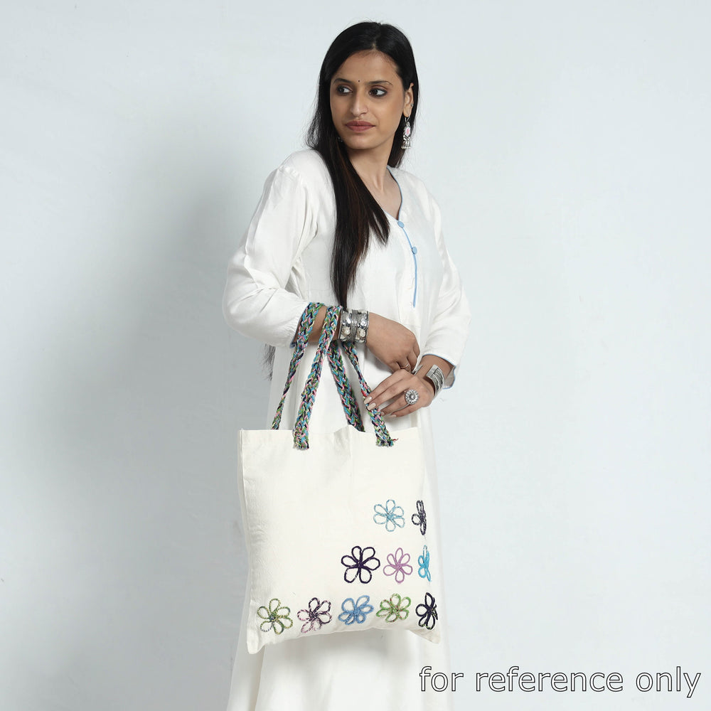 White - Handcrafted Cotton Recycled Flower Design Shoulder Bag