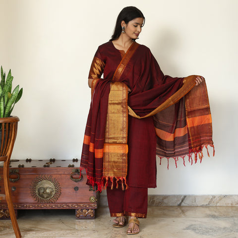 Maroon - Dharwad Cotton Kurta with Palazzo & Dupatta Set 22