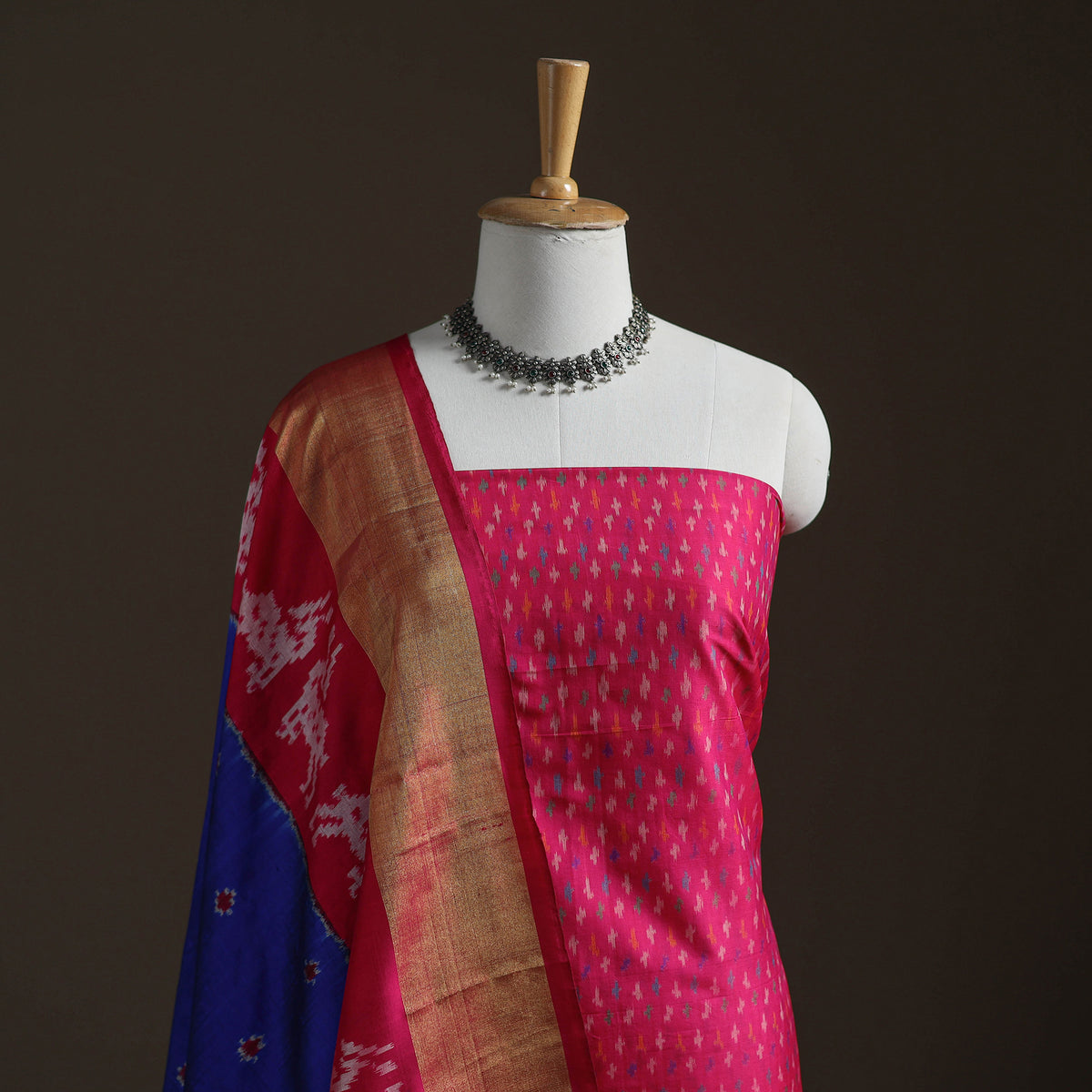 Pochampally Ikat Handloom Sico Unstitched Dress Material: Kurta with Mulberry Silk Dupatta 28