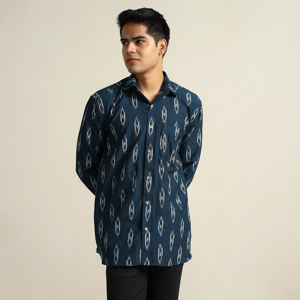 Blue - Pochampally Ikat Weave Cotton Men Full Sleeve Shirt 23