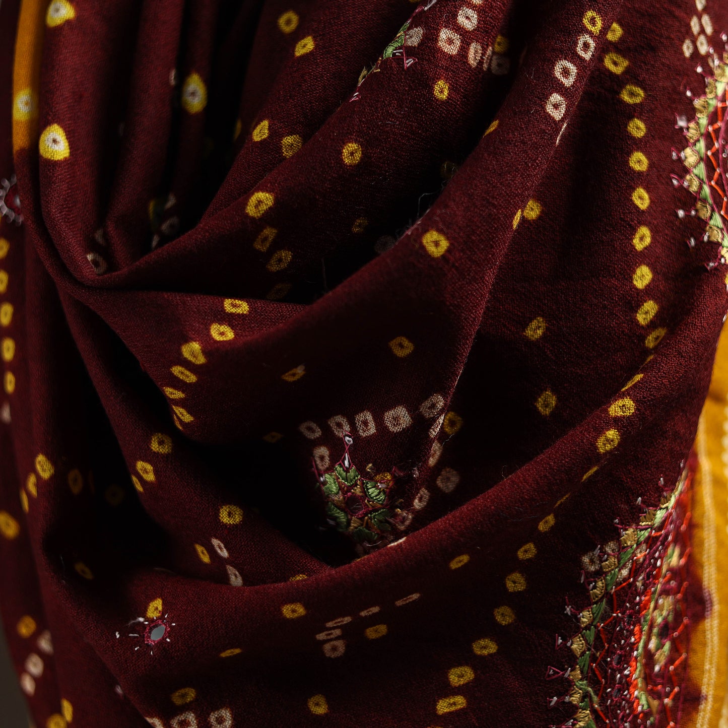 Kutch Bandhani Handwoven Neran Hand Embroidery Merino Wool Shawl 55