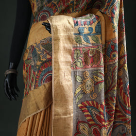 Pure Handloom Desi Tussar Silk Handpainted Srikalahasti Pen Kalamkari Saree with Zari Border 02