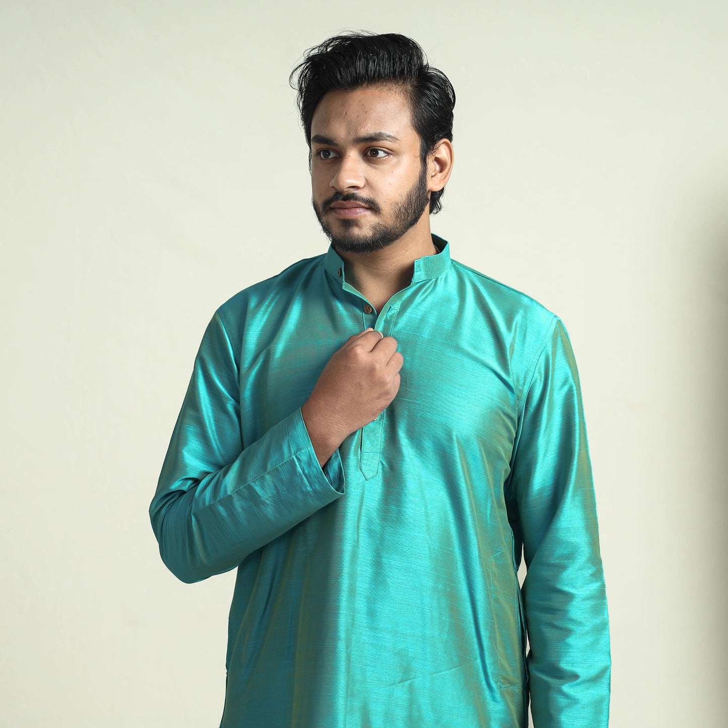 Aqua - Blue Plain Dyed Slub Silk Men Long Kurta