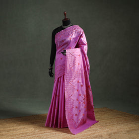 Purple - Bengal Nakshi Kantha Hand Embroidered Silk Saree 48