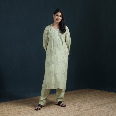 Green - Hand Embroidered Muslin Chikankari Kurta with Pant Set for Women 26