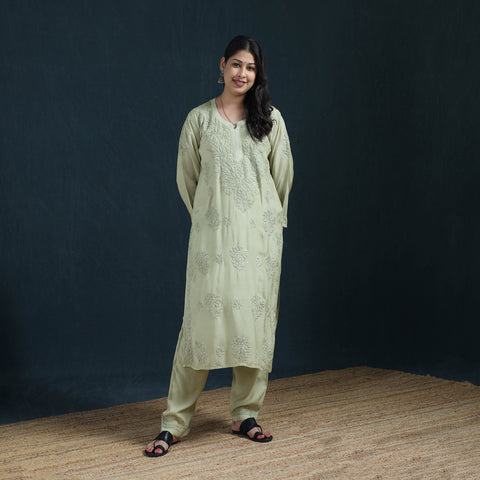 Green - Hand Embroidered Muslin Chikankari Kurta with Pant Set for Women 26