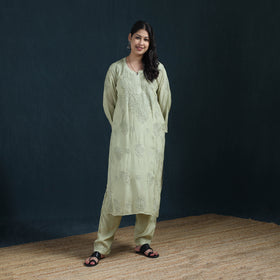 Green - Hand Embroidered Muslin Chikankari Kurta with Pant Set for Women 26