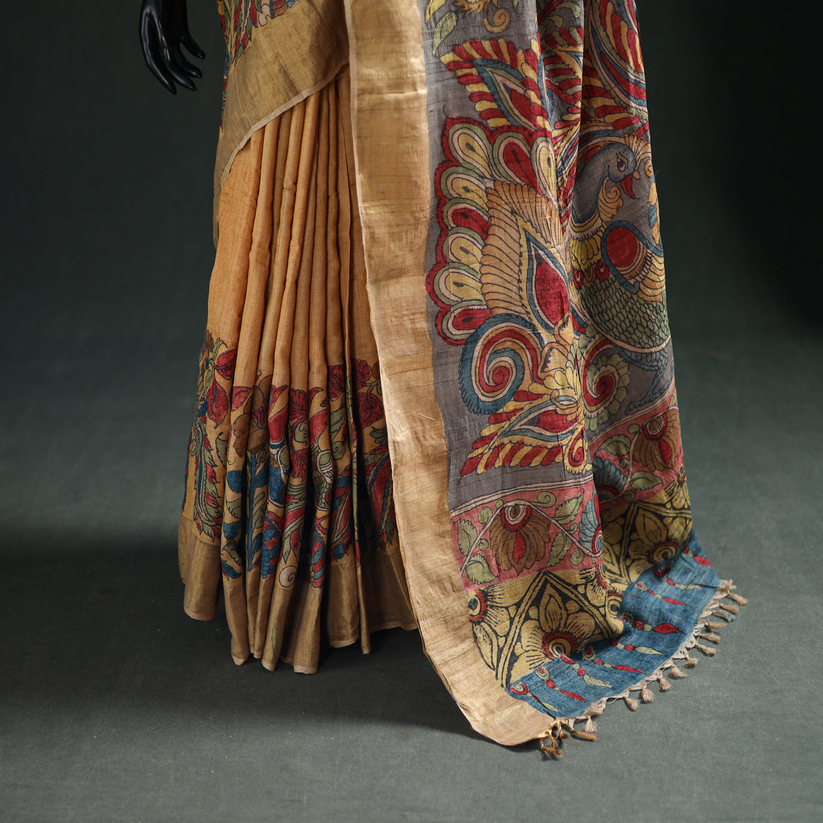 Pure Handloom Desi Tussar Silk Handpainted Srikalahasti Pen Kalamkari Saree with Zari Border 02