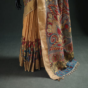 Pure Handloom Desi Tussar Silk Handpainted Srikalahasti Pen Kalamkari Saree with Zari Border 02