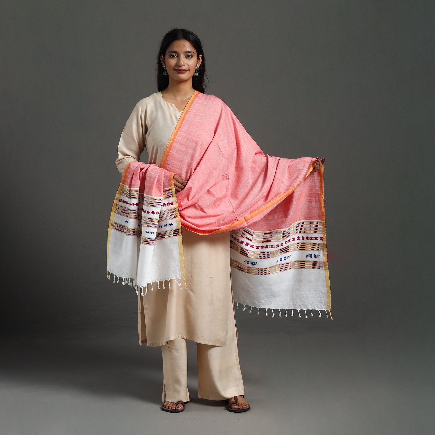 Pink - Assam Weave Thread Buti Cotton Handloom Dupatta 11