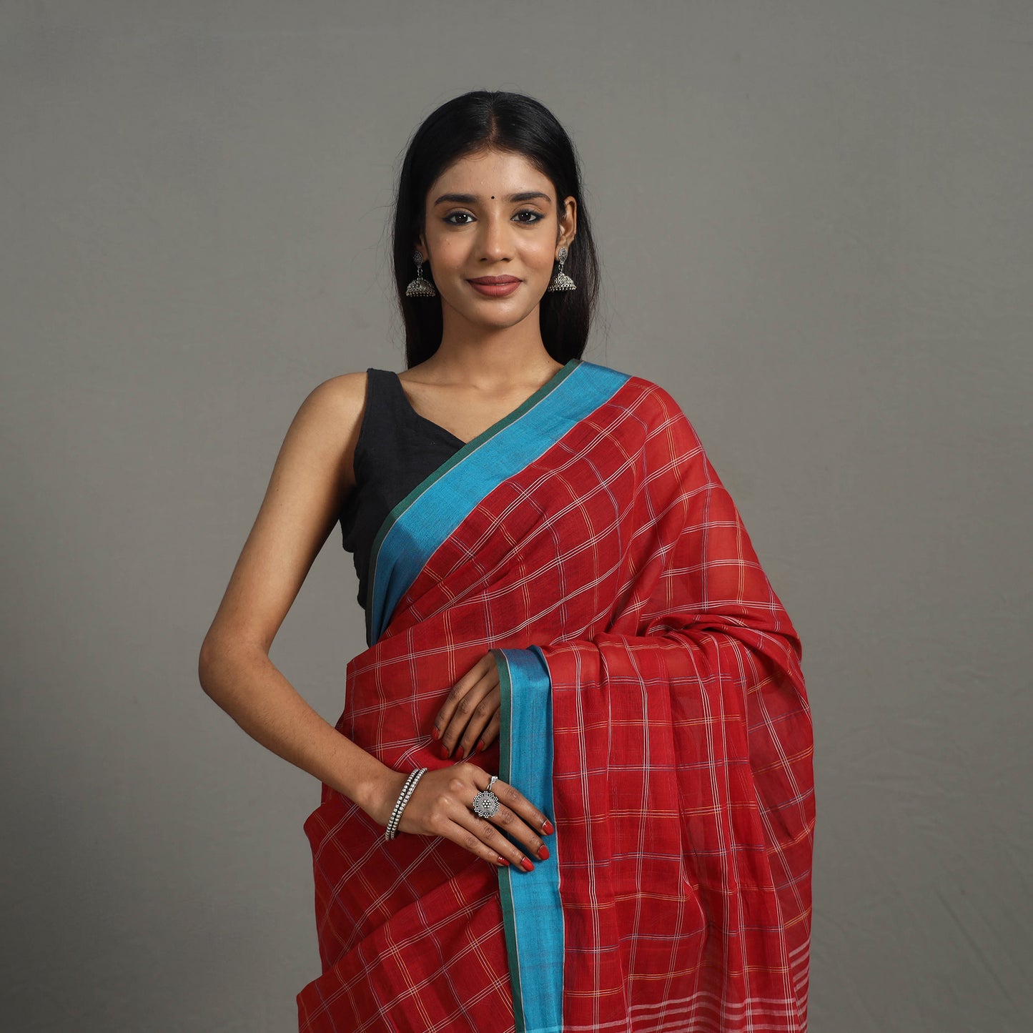 Red - Checks Cotton Handloom Saree 01