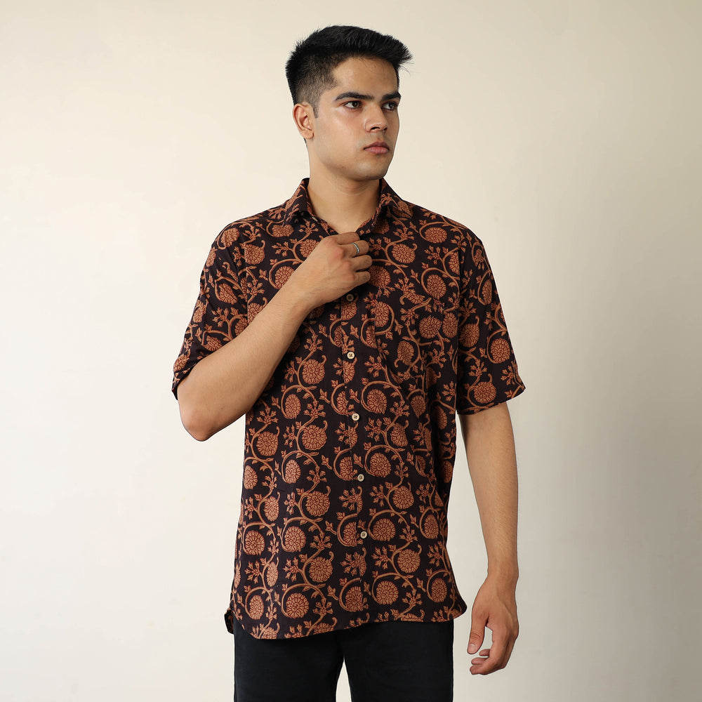 Brown - Bagh Hand Block Printed Cotton Men Half Sleeve Shirt 09