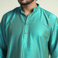 Aqua - Blue Plain Dyed Slub Silk Men Long Kurta