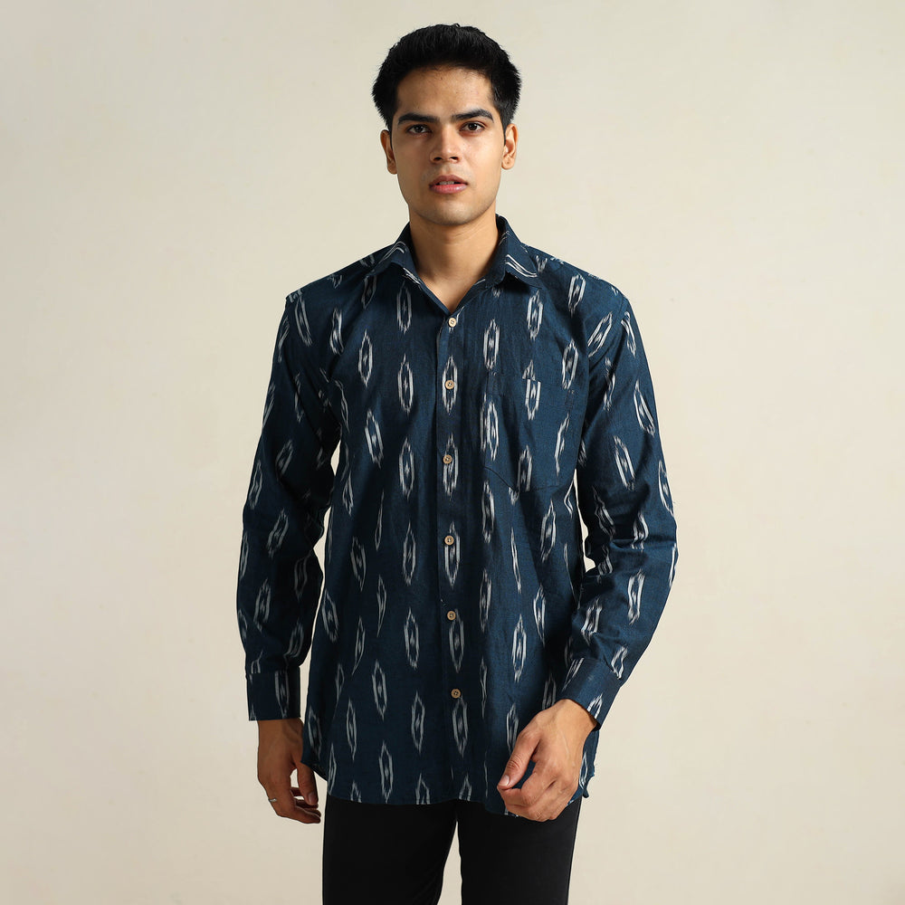 Blue - Pochampally Ikat Weave Cotton Men Full Sleeve Shirt 23