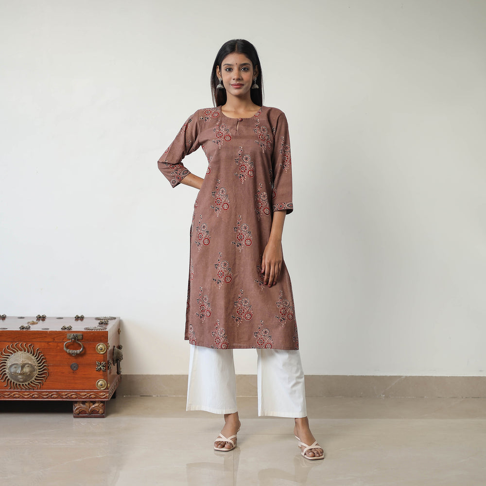 Brown - Block Printed Cotton Straight Ajrakh Kurta 10