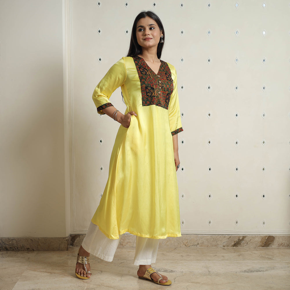 Yellow - Plain Modal Silk A-Line Kurta with Ajrakh Patchwork 09