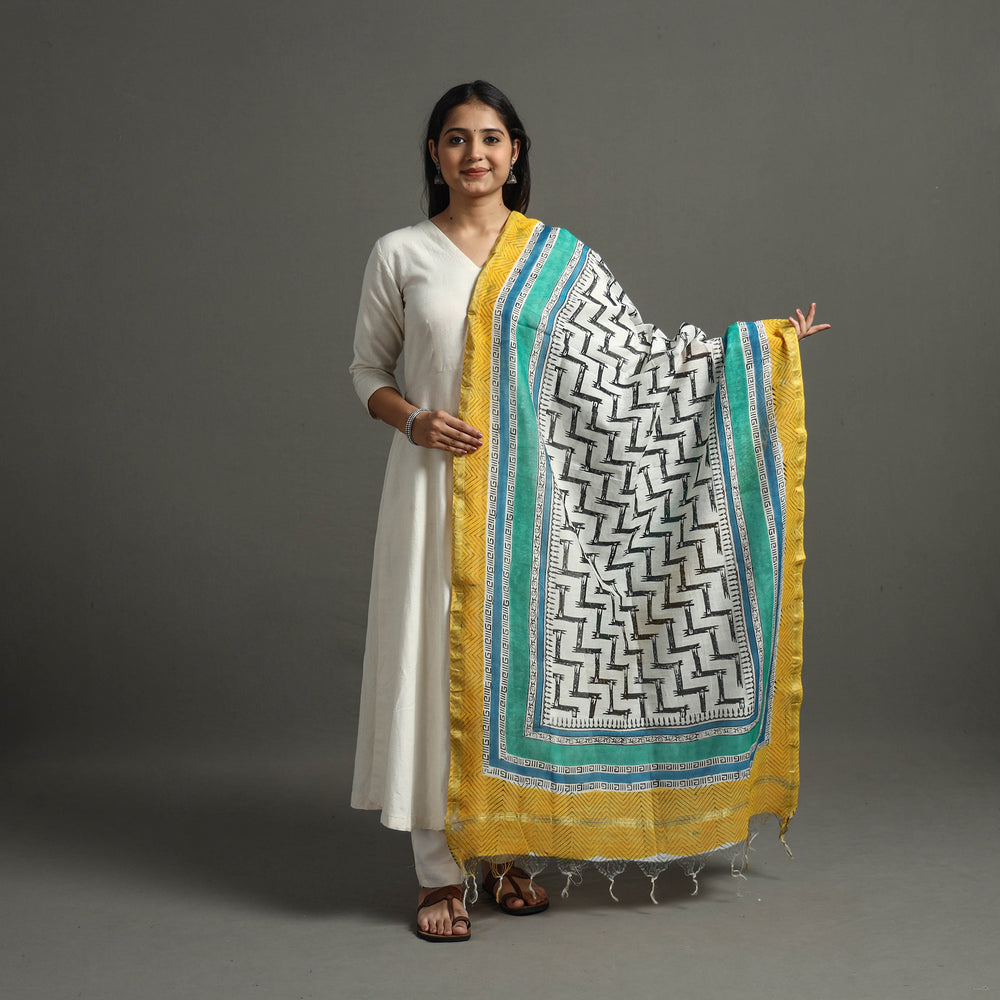 White - Block Printed Chanderi Silk Sanganeri Dupatta 60