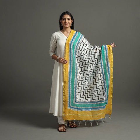 White - Block Printed Chanderi Silk Sanganeri Dupatta 60