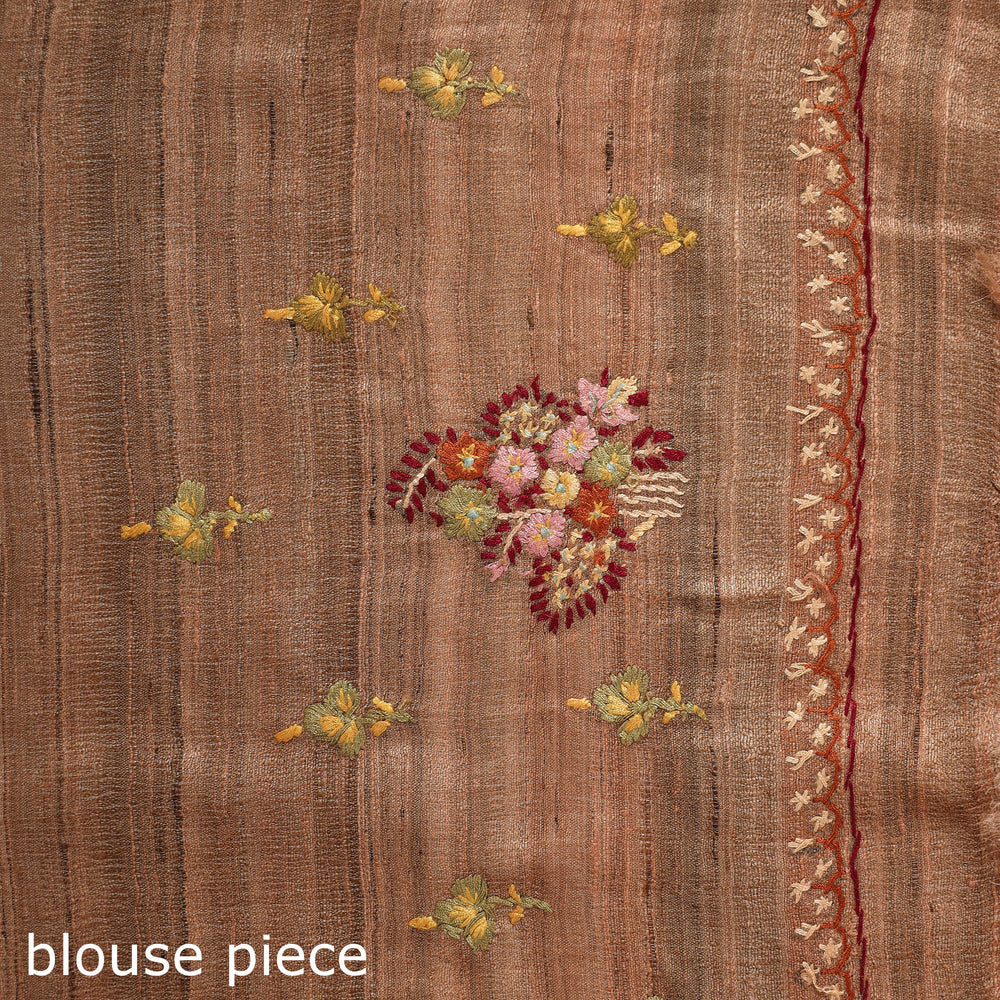 Brown - Kashidakari Hand Embroidery Pure Tussar Silk Saree 08