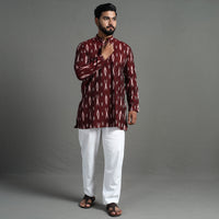 Maroon - Pochampally Ikat Weave Cotton Men Short Kurta