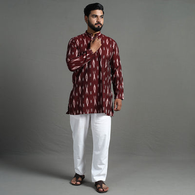 Maroon - Pochampally Ikat Weave Cotton Men Short Kurta